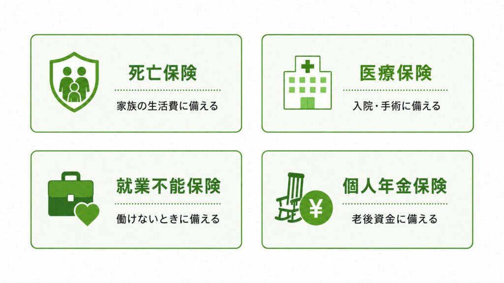 図解:生命保険の種類マップ(死亡保険/医療保険/がん保険/就業不能保険/個人年金保険)