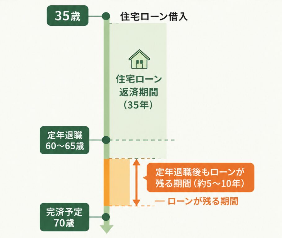 「借入年齢・ローン期間・完済予定年齢」と「退職予定年齢」の関係を時間軸で図示