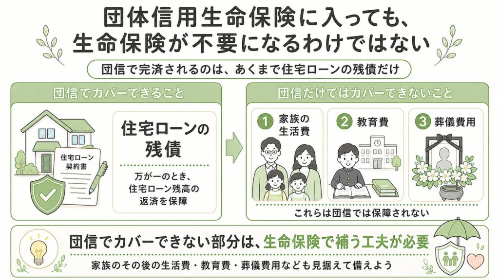 団信でカバーできること・できないことの比較（生活費・教育費・葬儀費用は団信の対象外）