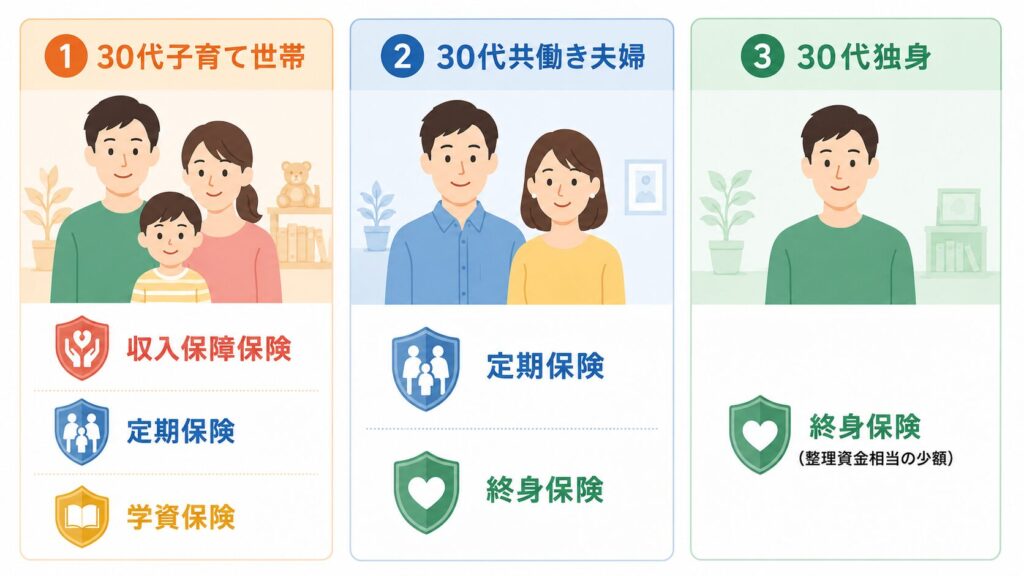 30代のライフステージ別おすすめ生命保険まとめ図(独身は終身保険、共働き夫婦は定期保険+終身保険、子育て世帯は収入保障保険+定期保険+学資保険)