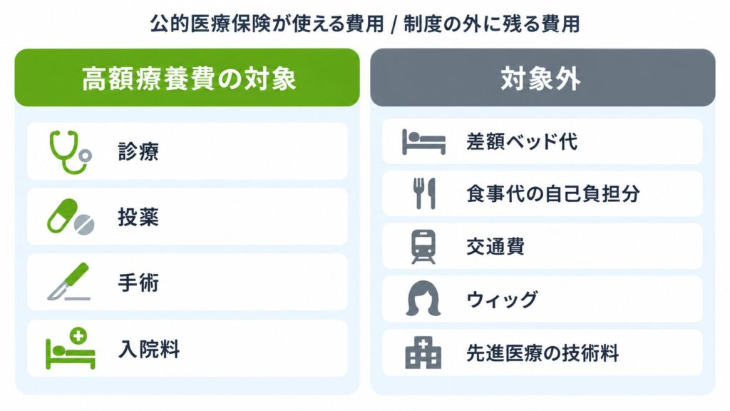 ［図解：公的医療保険が使える費用と、制度の外に残る費用の区分図。左：高額療養費の対象（診療・投薬・手術・入院料）、右：対象外（差額ベッド代・食事代の自己負担分・交通費・ウィッグ・先進医療の技術料）］