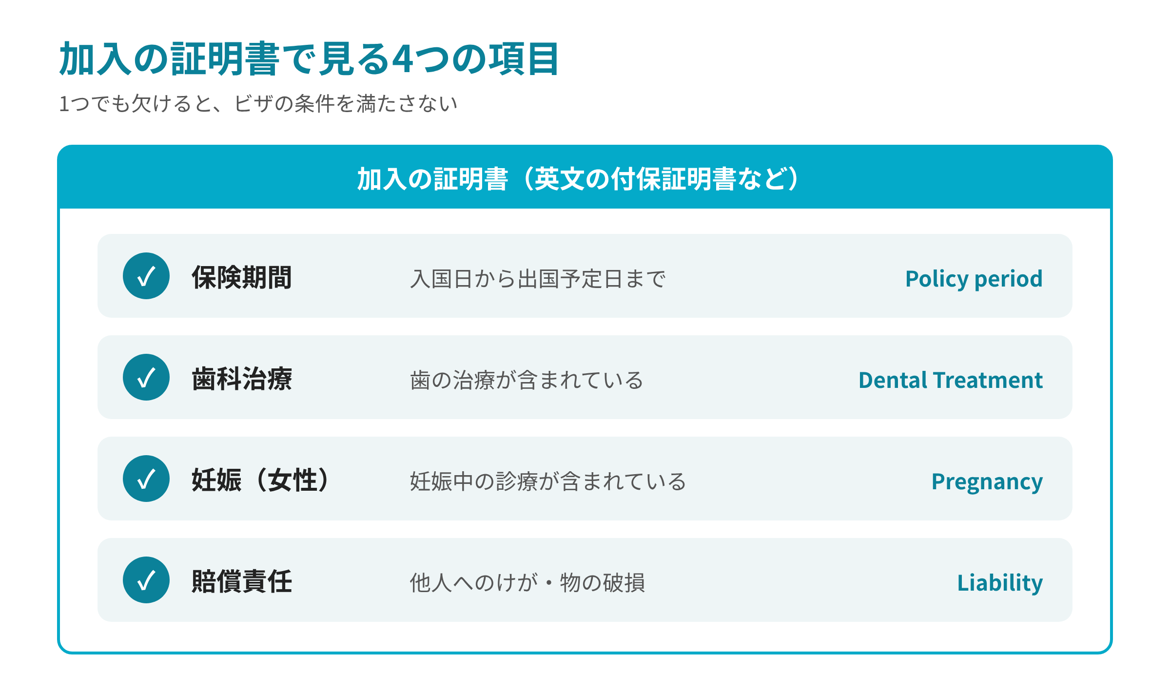 加入の証明書で確かめる4項目:保険期間(入国日から出国予定日まで)、歯科治療(Dental Treatment)、妊娠(Pregnancy・女性)、賠償責任(Liability)