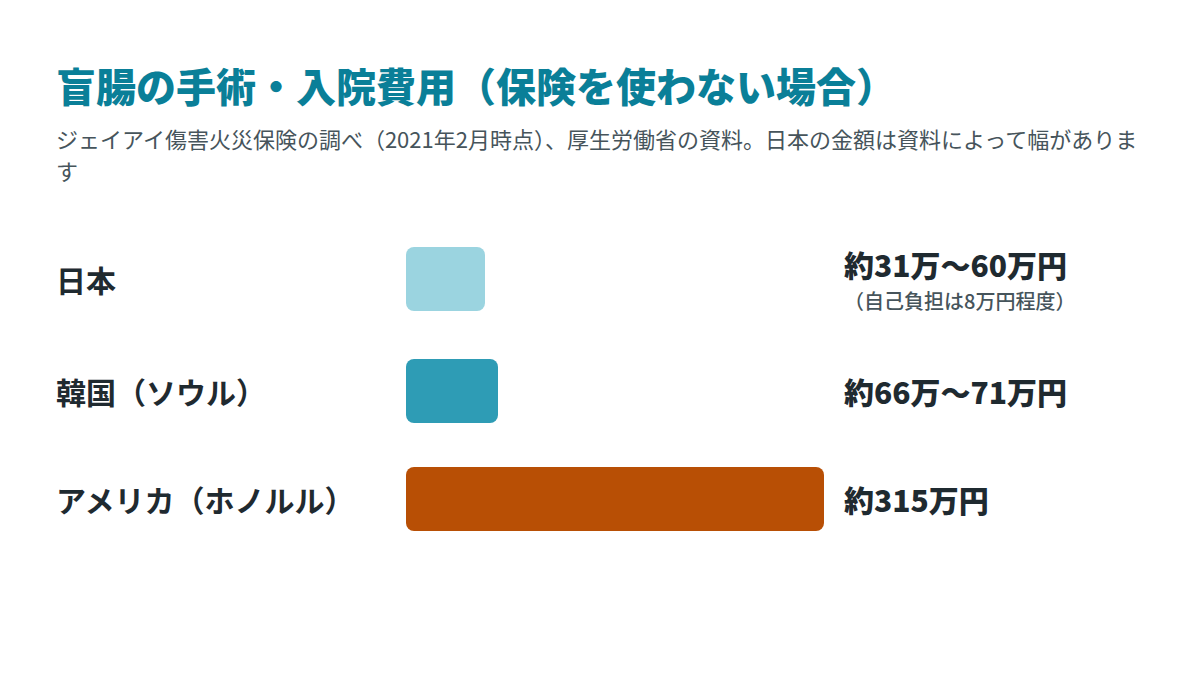 盲腸の手術・入院費用の比較（保険を使わない場合）。日本約31万〜60万円（自己負担8万円程度）、韓国ソウル約66万〜71万円、アメリカ・ホノルル約315万円